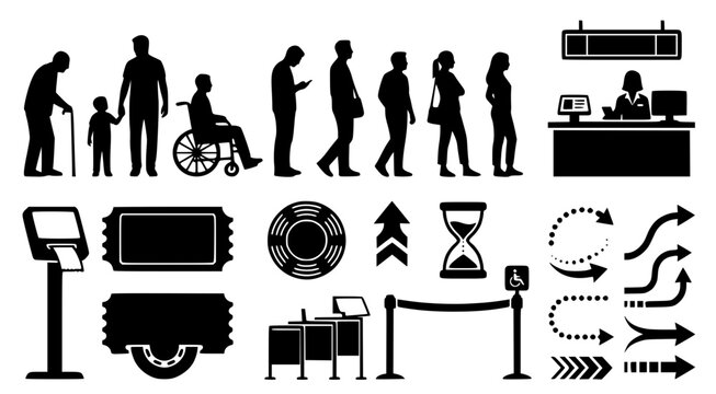 Queue management and customer service icons including people silhouettes and accessibility signs vector set for retail and public space organization in clean high contrast black and white design