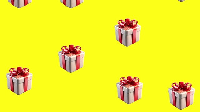 Gift Boxs animation, yellow background and many beautiful gifts falling.