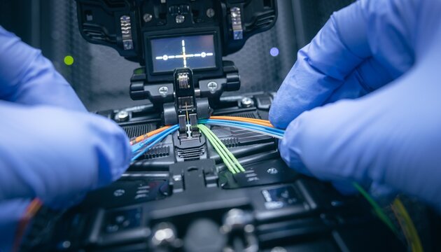 Technician in gloves splicing color-coded optical fibers using fusion splicer machine with digital alignment screen