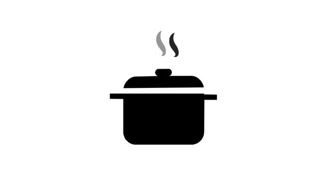 A clean black icon of a covered cooking pot emitting steam, representing food preparation, home cooking, and kitchen appliances in a simple graphic style.