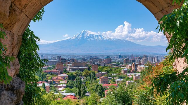Majestic snowcapped mountain overlooks a sprawling cityscape under a clear blue sky.
