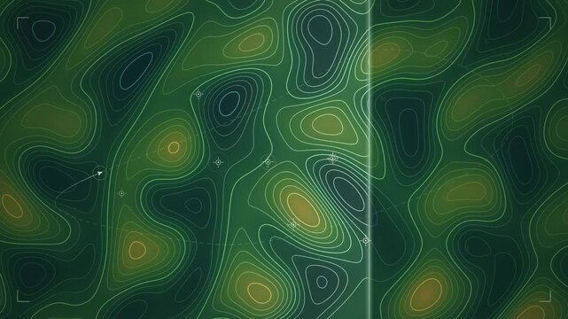 An animated green contour map depicting a soil moisture scan with topographical lines, data points, and a scanning line sweeping across the frame. Suitable as a technology background or scientific ove