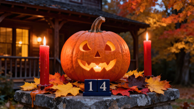 Carved Jack O Lantern Pumpkin With Red Candles And Autumn Leaves October 31st halloween, halloween holiday festive image design