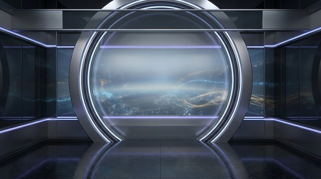Futuristic spaceship corridor with bright light emanating from a distant portal