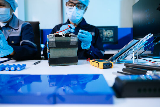 Engineers in uniforms and masks test a custom lithium battery pack using a multimeter for quality control in a modern energy lab