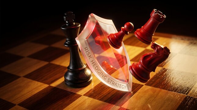 Black and red chess pieces falling on a wooden chessboard in a dark room