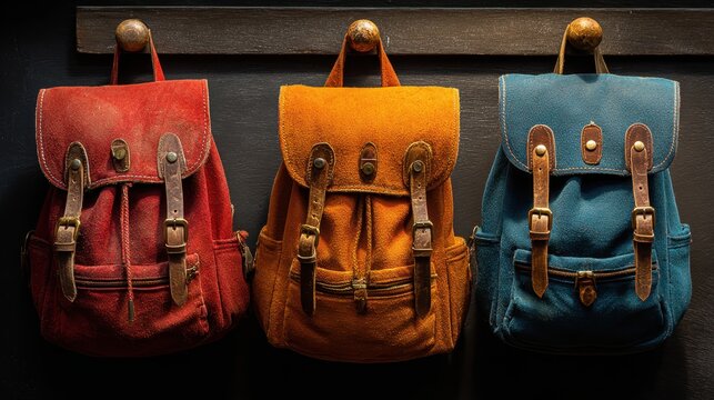 Three colorful vintage-style backpacks hang on wooden hooks. This photo evokes travel, adventure, and durable, stylish accessories.