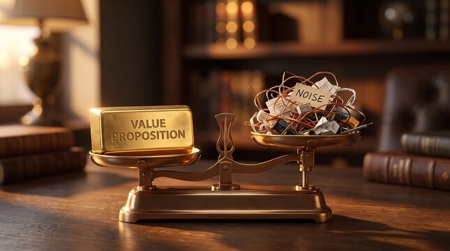 Gold bar with value proposition text balancing against a pile of noise on a vintage scale