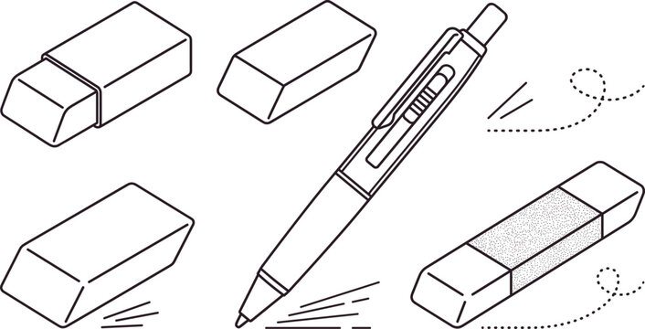 Stationery pen and erasers vector line art set
