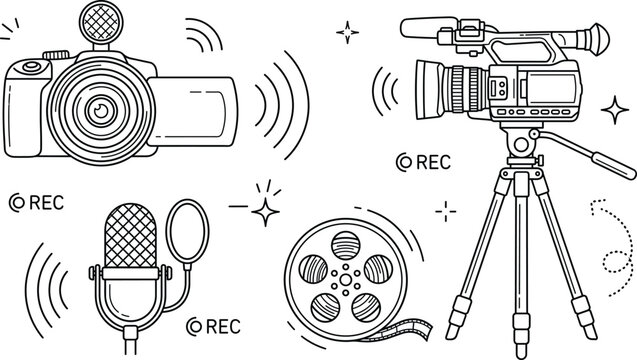 Video recording and professional broadcasting equipment line art icon set