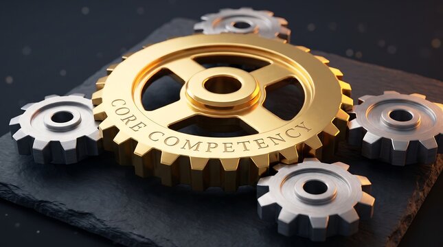 Golden gear with core competence text surrounded by silver metal gears on a dark background