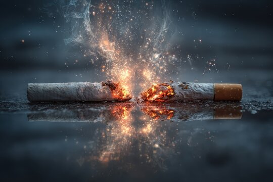 A broken cigarette emits bright sparks and smoke, reflecting on a dark, wet surface. This symbolizes quitting a habit, breaking free, or a dramatic life change.