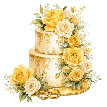 Two Tier Cream Anniversary Cake with Gold Leaf and Yellow Roses