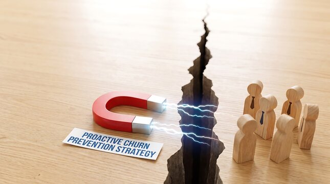 Magnet pulling wooden figures away from a deep crack representing a customer churn prevention strategy