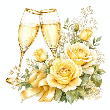 Gold Champagne Flutes Clinking Beside Yellow Rose Bouquet