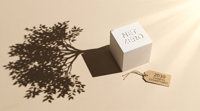 Net zero 2030 concept with a cube casting a tree shadow on a light green background