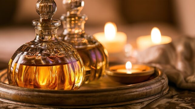 A pair of glass cruets on a wooden tray reflecting warm candlelight.