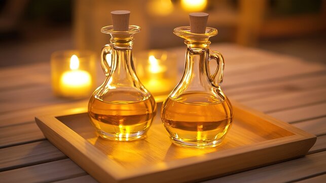 A pair of glass cruets on a wooden tray reflecting warm candlelight.