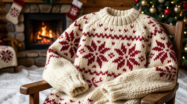 Cream and Red Knitted Wool Sweater with Snowflake Pattern