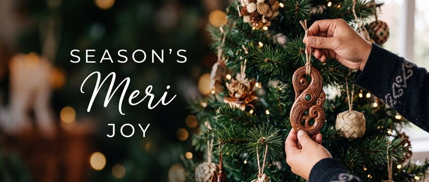 Hand hanging Maori wooden ornament on Christmas tree background with warm holiday bokeh lights and festive text for New Zealand Pacific island Season's Meri Kirihimete celebration banner template.