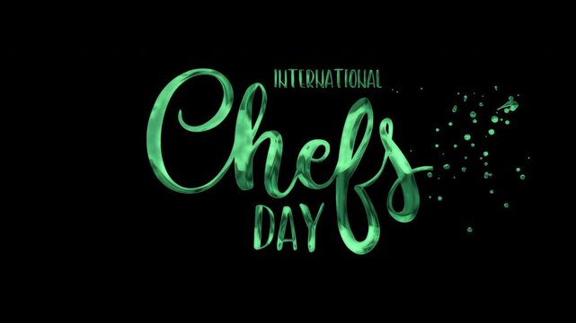 International chefs day greeting lettering with shimmering green sparkles on black, ideal for culinary promotions, cards, and social media campaigns.