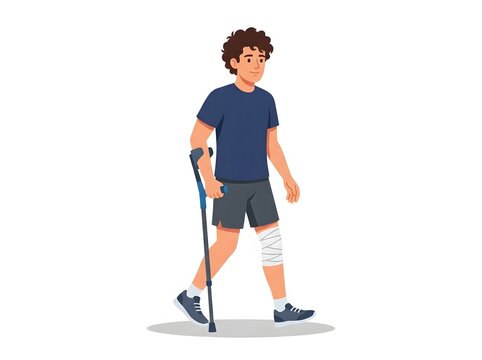 Young man walking with crutch and knee bandage recovering from leg injury in flat vector illustration