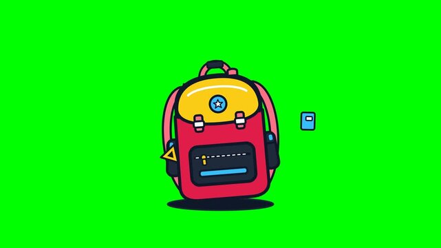 Clean 2D vector animation of a student school backpack with stationery supplies including notebook, wooden pencil, geometry triangle ruler, and apple popping out on a uniform chroma green (#00FF00) ba