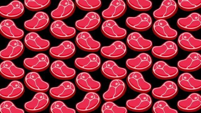 Add a bold culinary touch with this cute cartoon steak pattern featuring juicy red meat illustrations on a black background