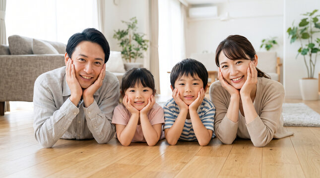 リビングで頬杖をつく笑顔の家族