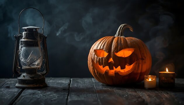 Spooky halloween pumpkin with glowing carved face next to vintage lantern and candles