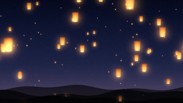 Seamless looping 4K glowing sky lanterns floating up into a starry night sky over dark hills, lantern festival