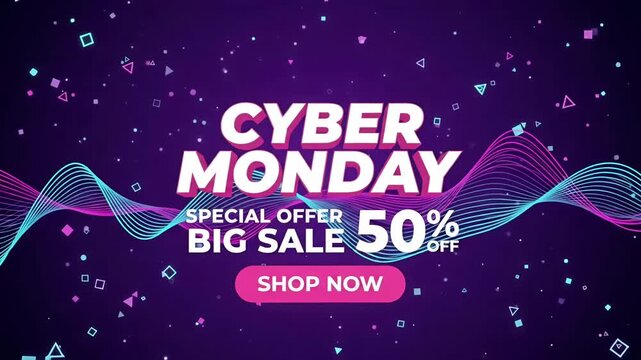 Cyber Monday Sale Neon Waves Title with floating geometric particles on purple digital background, e-commerce promo motion graphic loop
