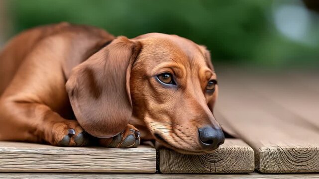 Dachshund dog resting on wooden doorstep at home
