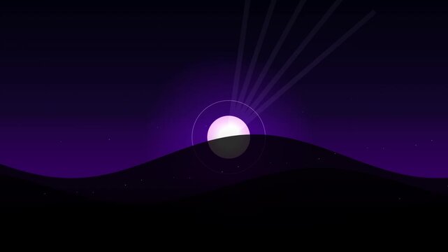 Modern stylized motion graphic loop depicting a luminous full moon over smooth hills in a vibrant violet and purple color palette