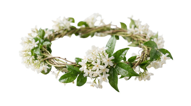 White floral crown with green leaves, elegant wedding flower tiara headband, natural woven twig wreath for bride isolated on white background