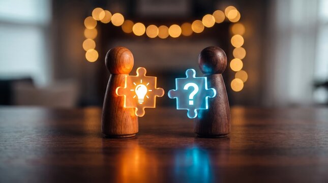 Wooden figures holding glowing puzzle pieces with lightbulb and question mark icons representing creative business problem solving strategies