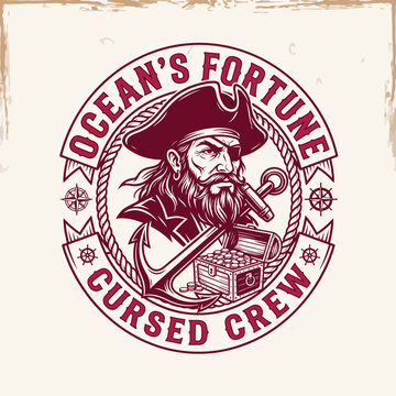This logo design captures the essence of a pirate theme, highlighting a bearded pirate, treasure chest, and the adventurous spirit of the cursed crew on the high seas.