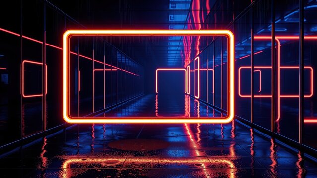 Neon lights form endless rectangular tunnel. Reflections create infinite perspective, futuristic ambiance. Dark, glossy floor mirrors vibrant glow.