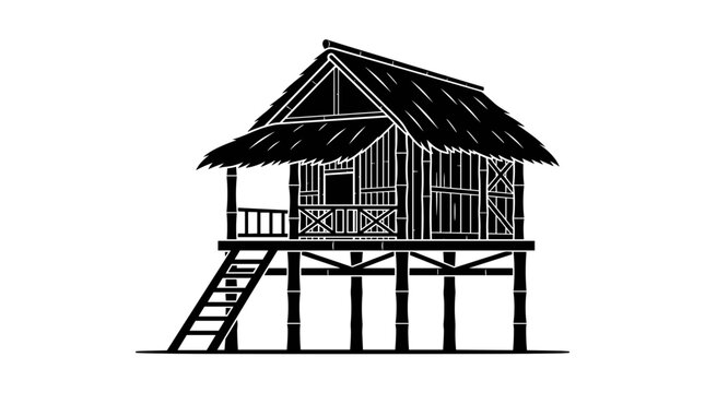 Traditional Hut on Stilts with Thatched Roof.