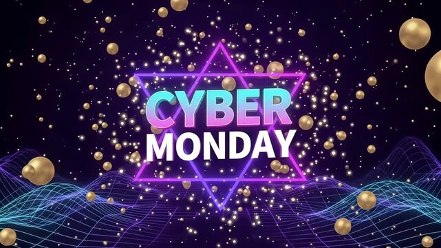 Cyber Monday Synthwave Neon Sign Title glowing over wireframe landscape with floating golden spheres, retro holiday promo 3D render loop
