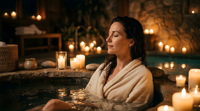 Woman relaxing in a candlelit stone hot tub