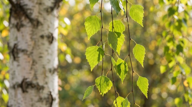 Silver Birch Tree Trunk with Fresh Green Leaves in Spring Sunlight