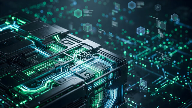 Background copy space elegant luxury technology concept featuring glowing modular data core and abstract geometric info blocks in professional setting