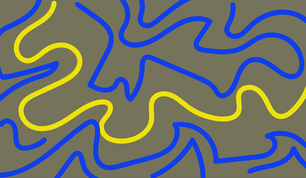 Blue and Yellow Abstract Wavy Line Pattern on Olive Gray Background
