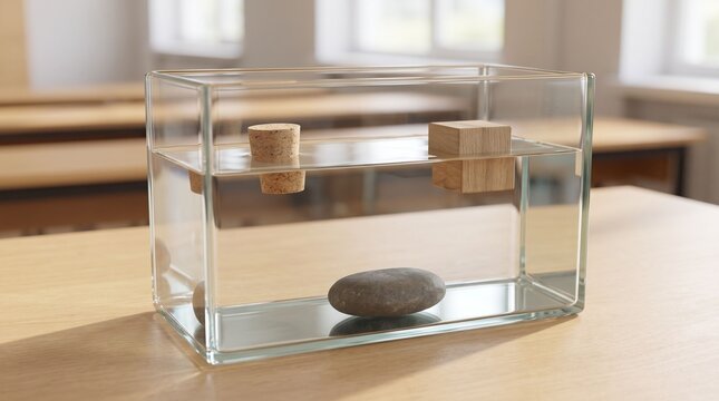 Simple physics buoyancy experiment with floating cork wooden block and submerged stone in glass water tank