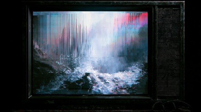 Vintage television screen displaying fractured, abstract light patterns, evoking a glitch aesthetic, concept for digital disruption