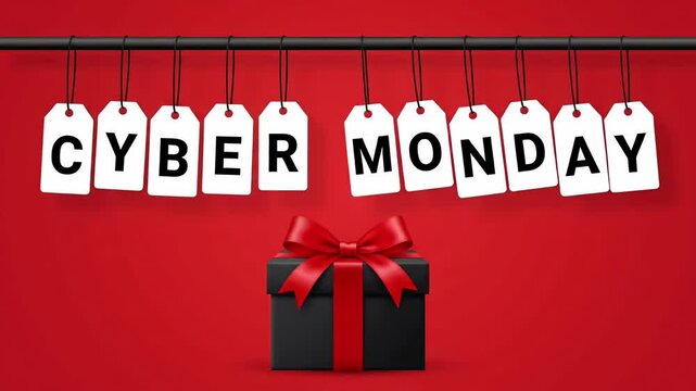 Cyber Monday Price Tags Hanging with elegant black gift box on bold red background, holiday retail promo 3D render animation loop

