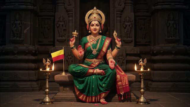 Goddess Bhuvaneshwari with Karnataka Flag and Oil Lamps for Rajyotsava