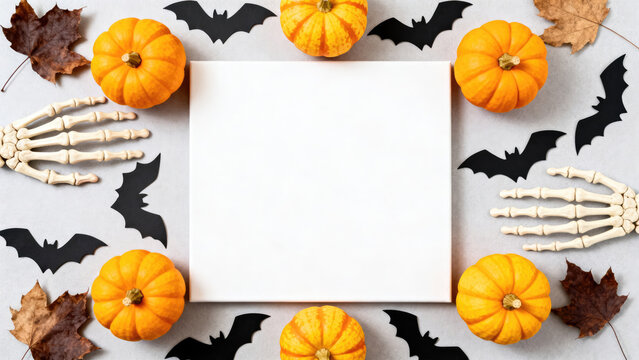 Halloween themed mockup with pumpkins bats and skeleton hands on a white background, halloween holiday festive image design