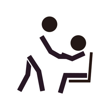 Caregiver helping a seated person stand up from a chair, simple care pictogram